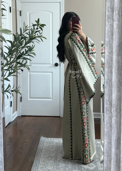 Sage/Olive Green Simple Floral Long Embroidered Thobe/Dress