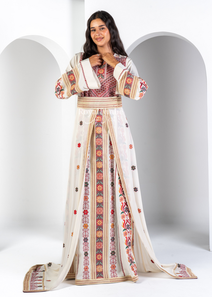 Bridal Floral Off-White Kasab Thobe With Attached Skirt And Matching Shaleh