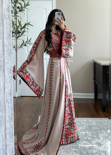 Bridal Beige/Burgundy Warda Full Embroidered Thobe