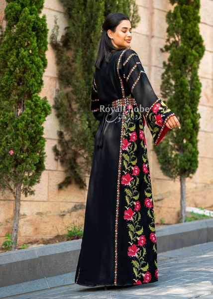 Floral Black/Red Long Full Embroidered Thobe