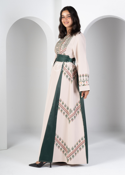 Beige/Olive Green Simple Long Full Embroidered Thobe