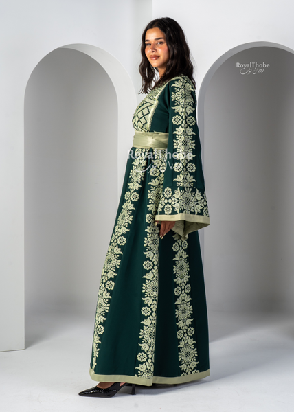 Olive & Mint Green Floral Long Full Embroidered Thobe