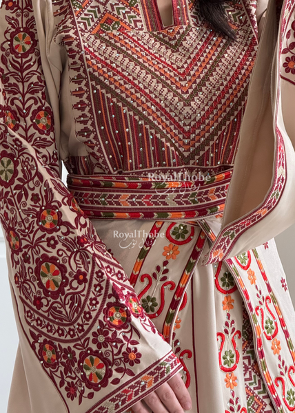 Bridal Floral Beige/ Burgundy Modern Thobe With Attached Skirt And Matching Shaleh