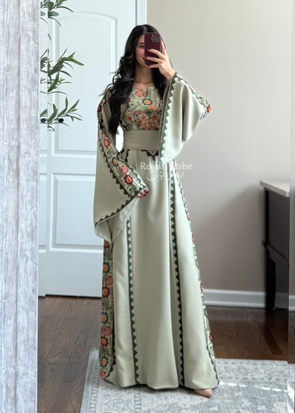 Sage/Olive Green Simple Floral Long Embroidered Thobe/Dress