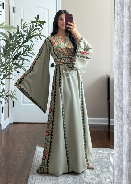 Sage/Olive Green Simple Floral Long Embroidered Thobe/Dress