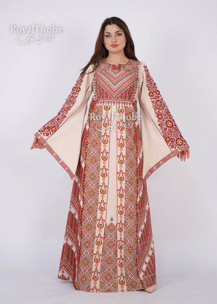 Bridal Floral Beige/ Burgundy Modern Thobe With Attached Skirt And Matching Shaleh