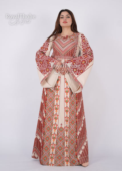 Bridal Floral Beige/ Burgundy Modern Thobe With Attached Skirt And Matching Shaleh