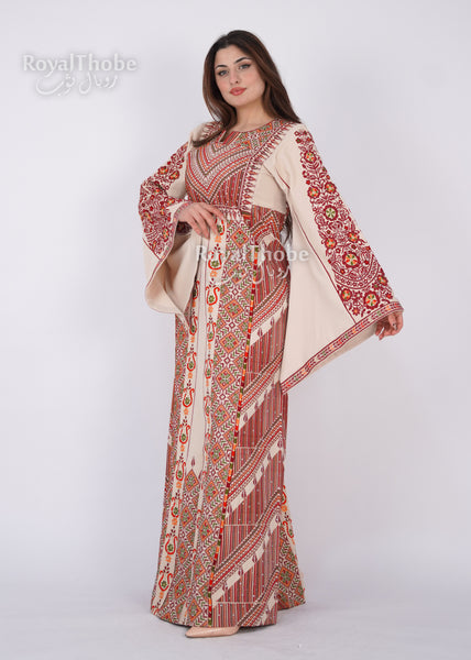 Bridal Floral Beige/ Burgundy Modern Thobe With Attached Skirt And Matching Shaleh