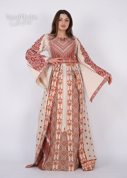 Bridal Floral Beige/ Burgundy Modern Thobe With Attached Skirt And Matching Shaleh