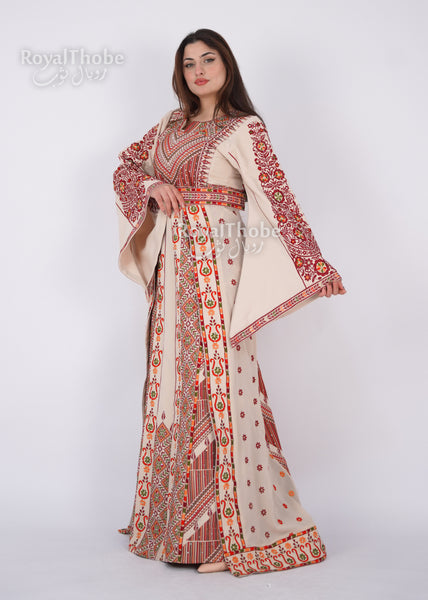 Bridal Floral Beige/ Burgundy Modern Thobe With Attached Skirt And Matching Shaleh
