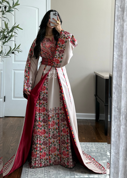 Bridal Beige/Burgundy Warda Full Embroidered Thobe