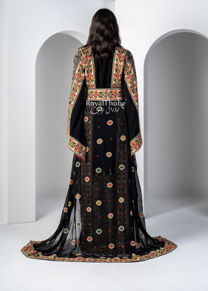 Black/ Gold Floral Diamond Traditional Long Full Embroidered Thobe