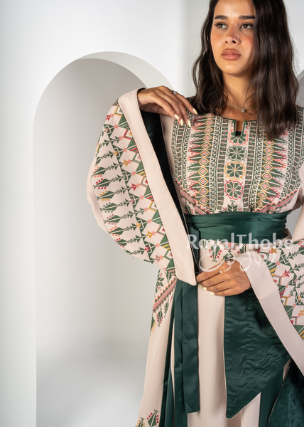 Beige/Olive Green Simple Long Full Embroidered Thobe