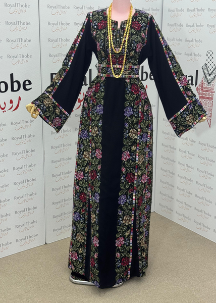 Black/Olive Green Floral Long Full Embroidered Thobe.