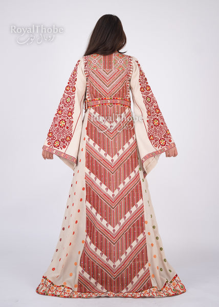 Bridal Floral Beige/ Burgundy Modern Thobe With Attached Skirt And Matching Shaleh