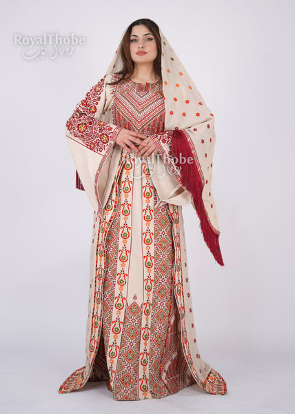 Bridal Floral Beige/ Burgundy Modern Thobe With Attached Skirt And Matching Shaleh