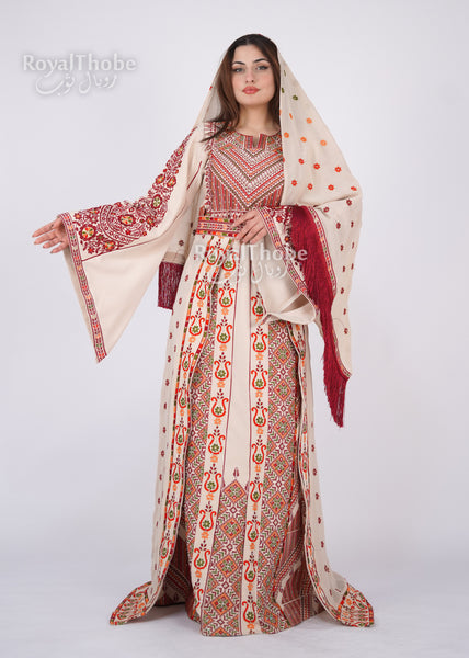 Bridal Floral Beige/ Burgundy Modern Thobe With Attached Skirt And Matching Shaleh