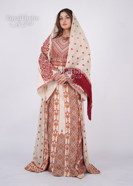 Bridal Floral Beige/ Burgundy Modern Thobe With Attached Skirt And Matching Shaleh