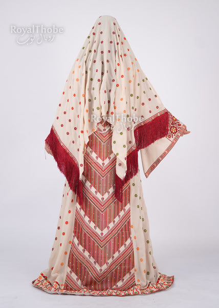 Bridal Floral Beige/ Burgundy Modern Thobe With Attached Skirt And Matching Shaleh
