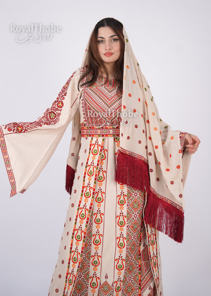Bridal Floral Beige/ Burgundy Modern Thobe With Attached Skirt And Matching Shaleh