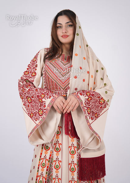 Bridal Floral Beige/ Burgundy Modern Thobe With Attached Skirt And Matching Shaleh