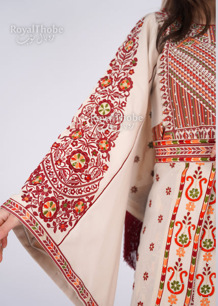 Bridal Floral Beige/ Burgundy Modern Thobe With Attached Skirt And Matching Shaleh