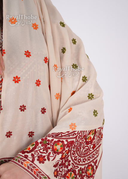 Bridal Floral Beige/ Burgundy Modern Thobe With Attached Skirt And Matching Shaleh