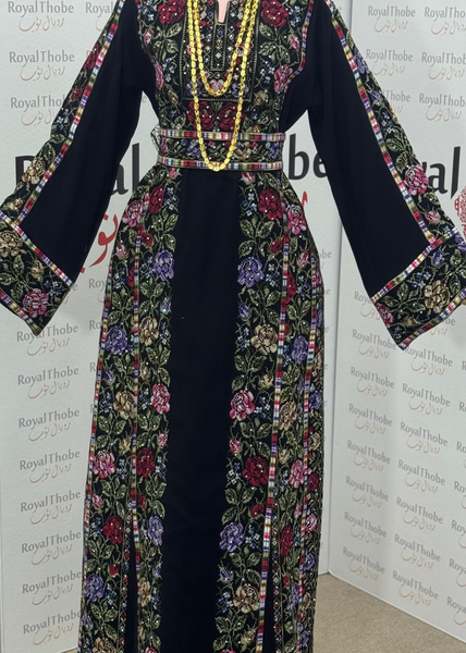 Black/Olive Green Floral Long Full Embroidered Thobe.