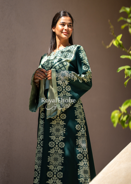 Olive & Mint Green Floral Long Full Embroidered Thobe