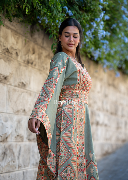 Mint Green Diamond Long Full Embroidered Thobe