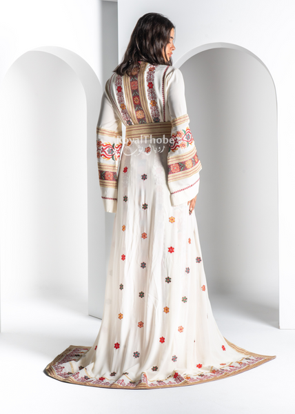 Bridal Floral Off-White Kasab Thobe With Attached Skirt And Matching Shaleh