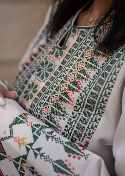 Beige/Olive Green Simple Long Full Embroidered Thobe