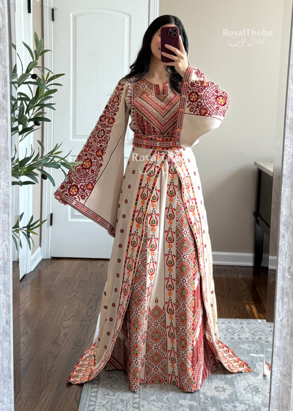 Bridal Floral Beige/ Burgundy Modern Thobe With Attached Skirt And Matching Shaleh