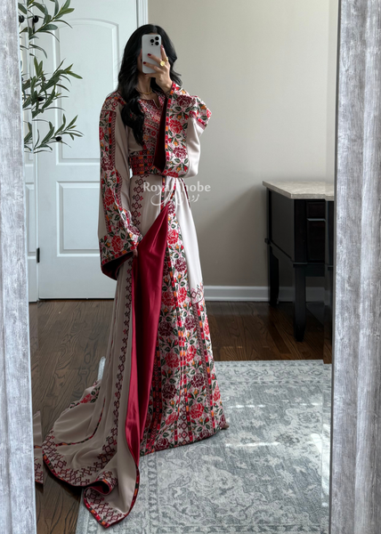 Bridal Beige/Burgundy Warda Full Embroidered Thobe