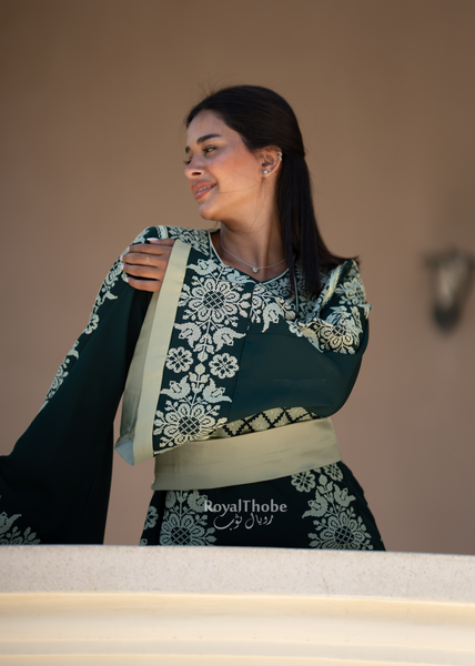 Olive & Mint Green Floral Long Full Embroidered Thobe