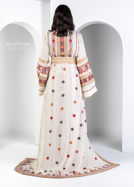 Bridal Floral Off-White Kasab Thobe With Attached Skirt And Matching Shaleh