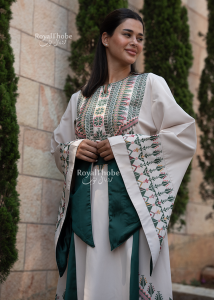 Beige/Olive Green Simple Long Full Embroidered Thobe