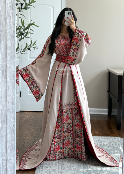 Bridal Beige/Burgundy Warda Full Embroidered Thobe