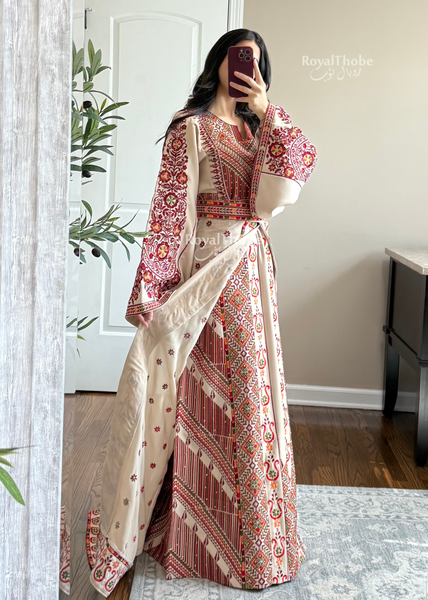 Bridal Floral Beige/ Burgundy Modern Thobe With Attached Skirt And Matching Shaleh