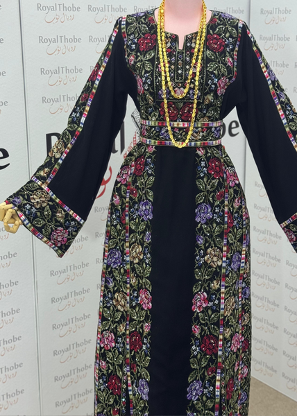 Black/Olive Green Floral Long Full Embroidered Thobe.