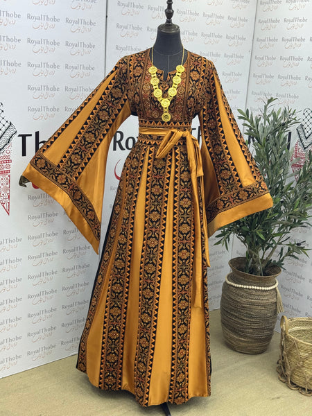 Black/ Mustard Bronze Simple Long Full Embroidered Thobe