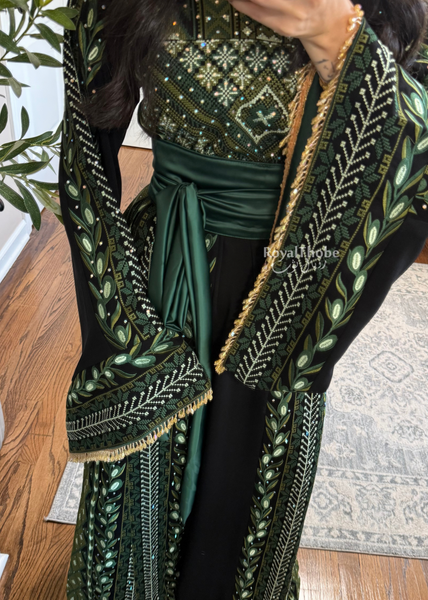 Black/ Olive Green Zaytona Branches Full Embroidered Thobe
