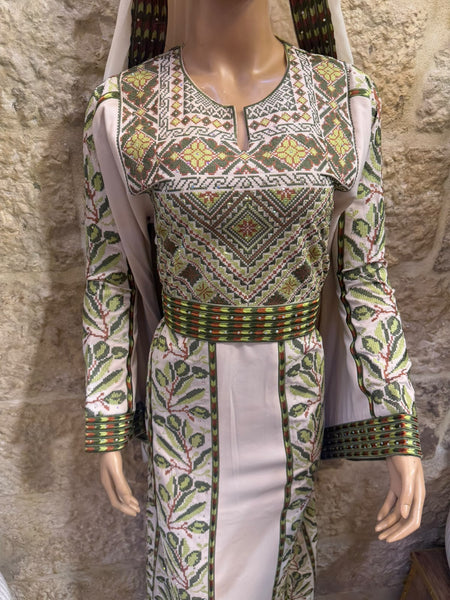 Beige/ Green & Brown Olive Branches Long Full Embroidered Thobe.
