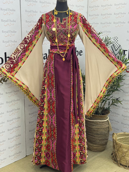 Burgundy & Beige Satin Full Embroidered Thobe with Gold Beaded Fringe Sleeves