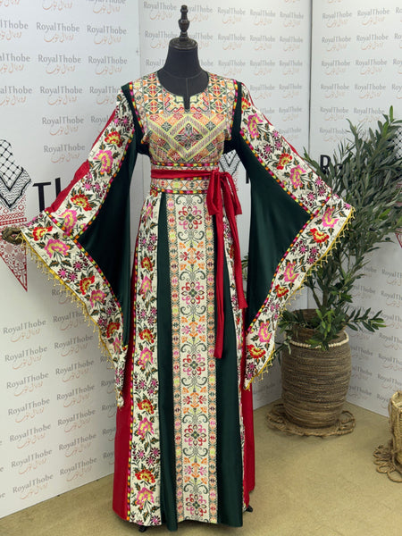 Olive Green & Cream Beige Satin Floral Full Embroidered Thobe with Gold Beaded Fringe Sleeves