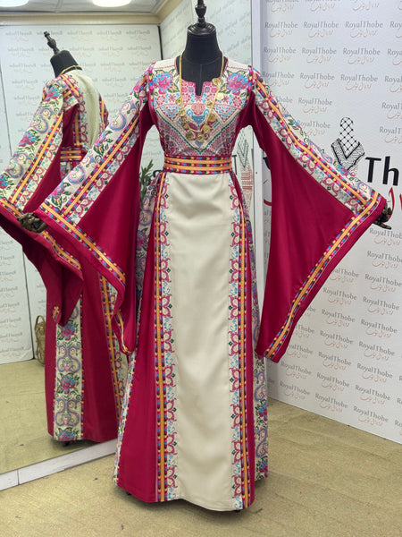 Pink & Cream Beige Satin  Floral Full Embroidered Thobe