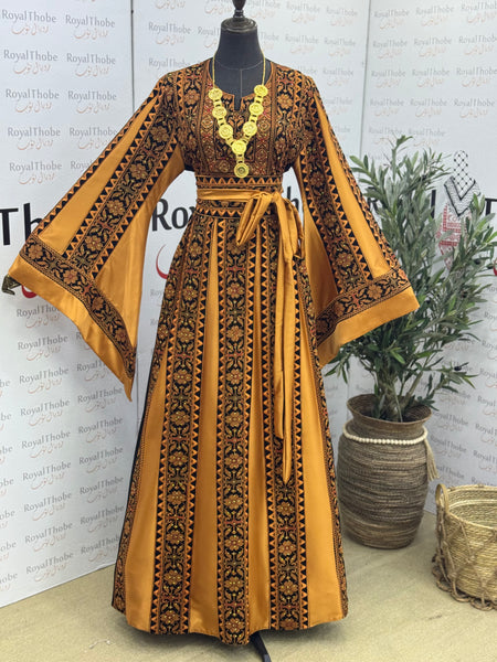 Black/ Mustard Bronze Simple Long Full Embroidered Thobe