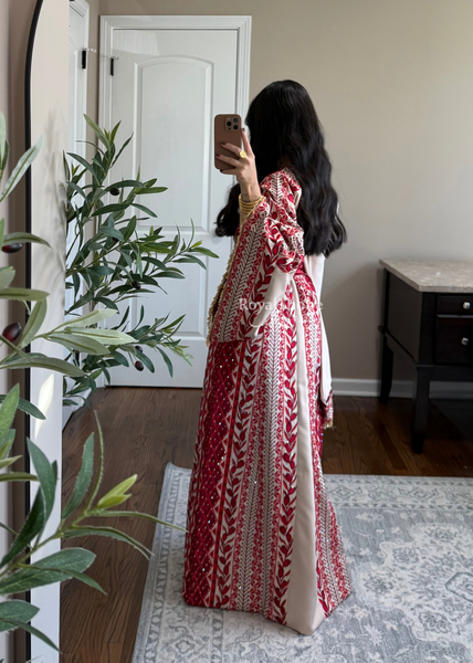 Beige/ Burgundy Zaytona Branches Full Embroidered Thobe