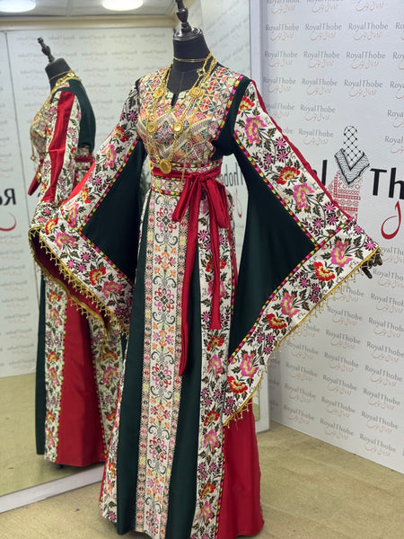 Olive Green & Cream Beige Satin Floral Full Embroidered Thobe with Gold Beaded Fringe Sleeves