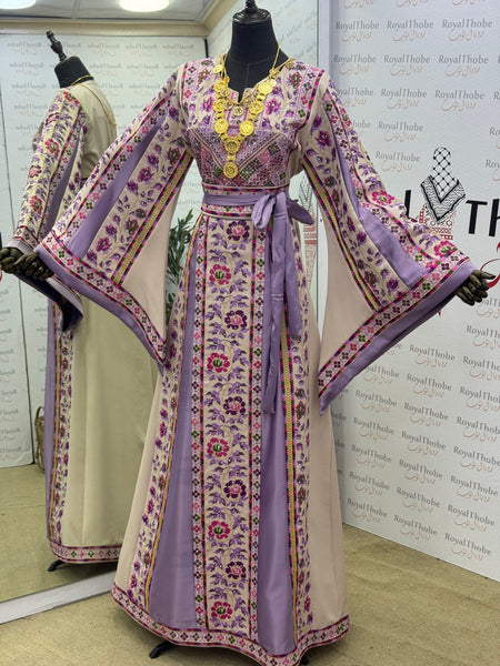 Beige / Lavender Floral Long Full Embroidered Thobe